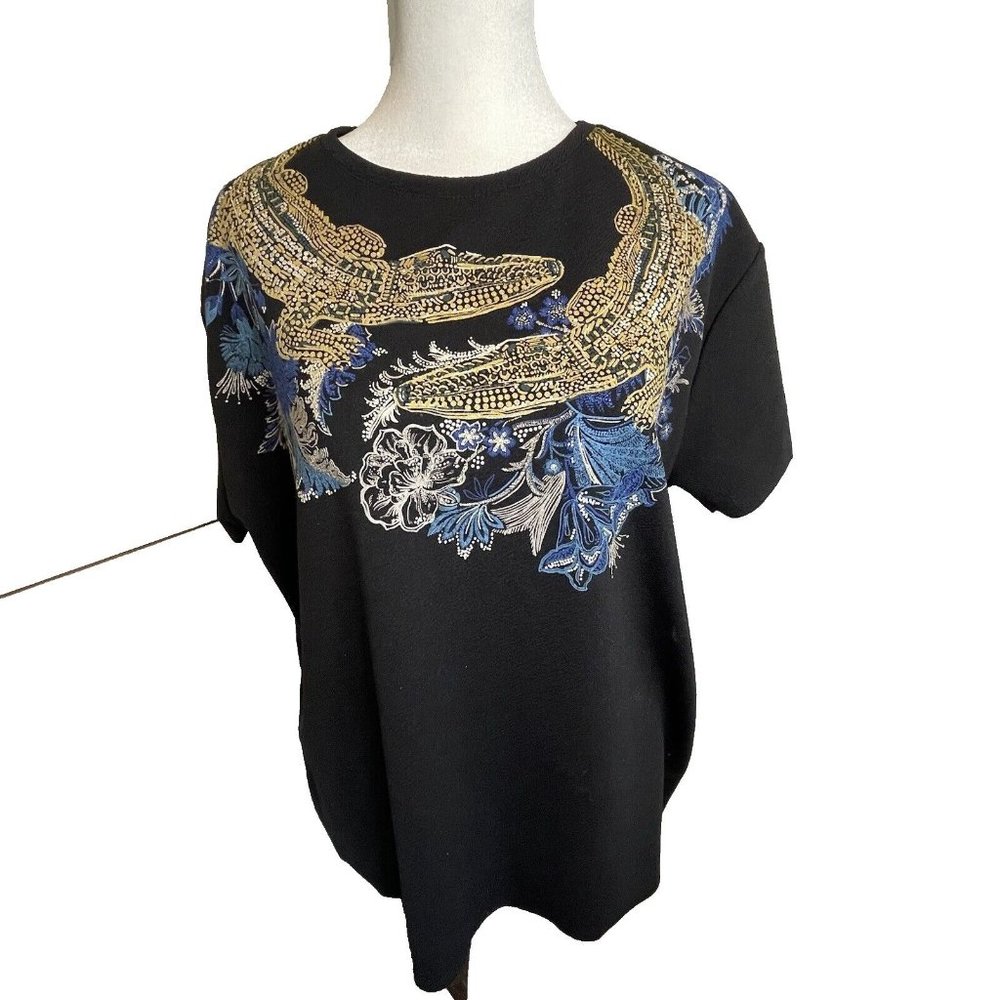Zara Black Gold Alligators‎ Black Oversized Shirt Blouse Women's Size M